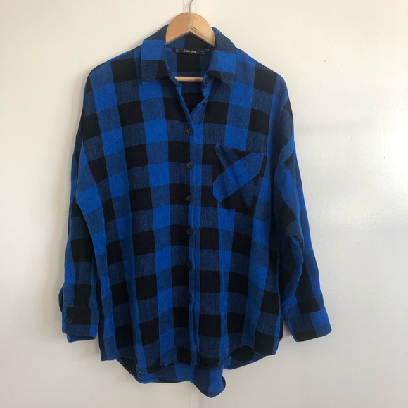 Zara Tops - Zara basic buffalo plaid blue oversized top size L